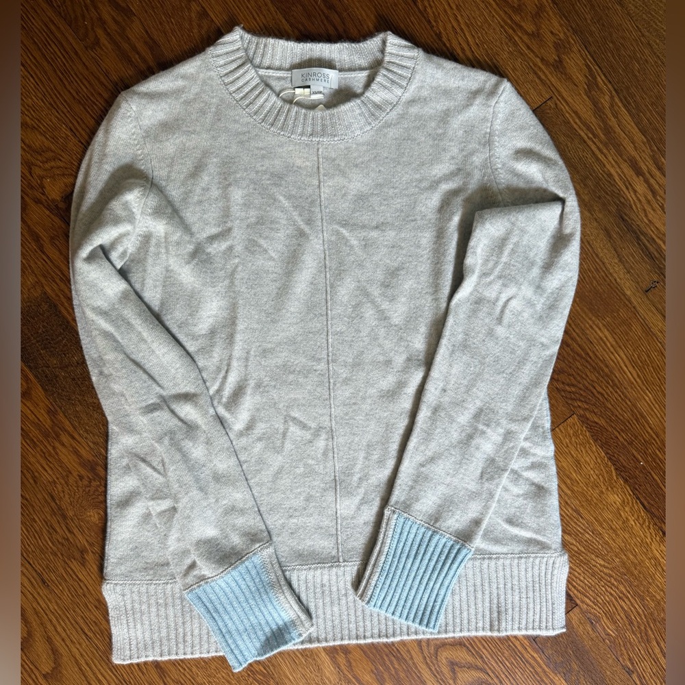 Kinross Cashmere Contrast Trim Rib Crew Sweater size XS NWT